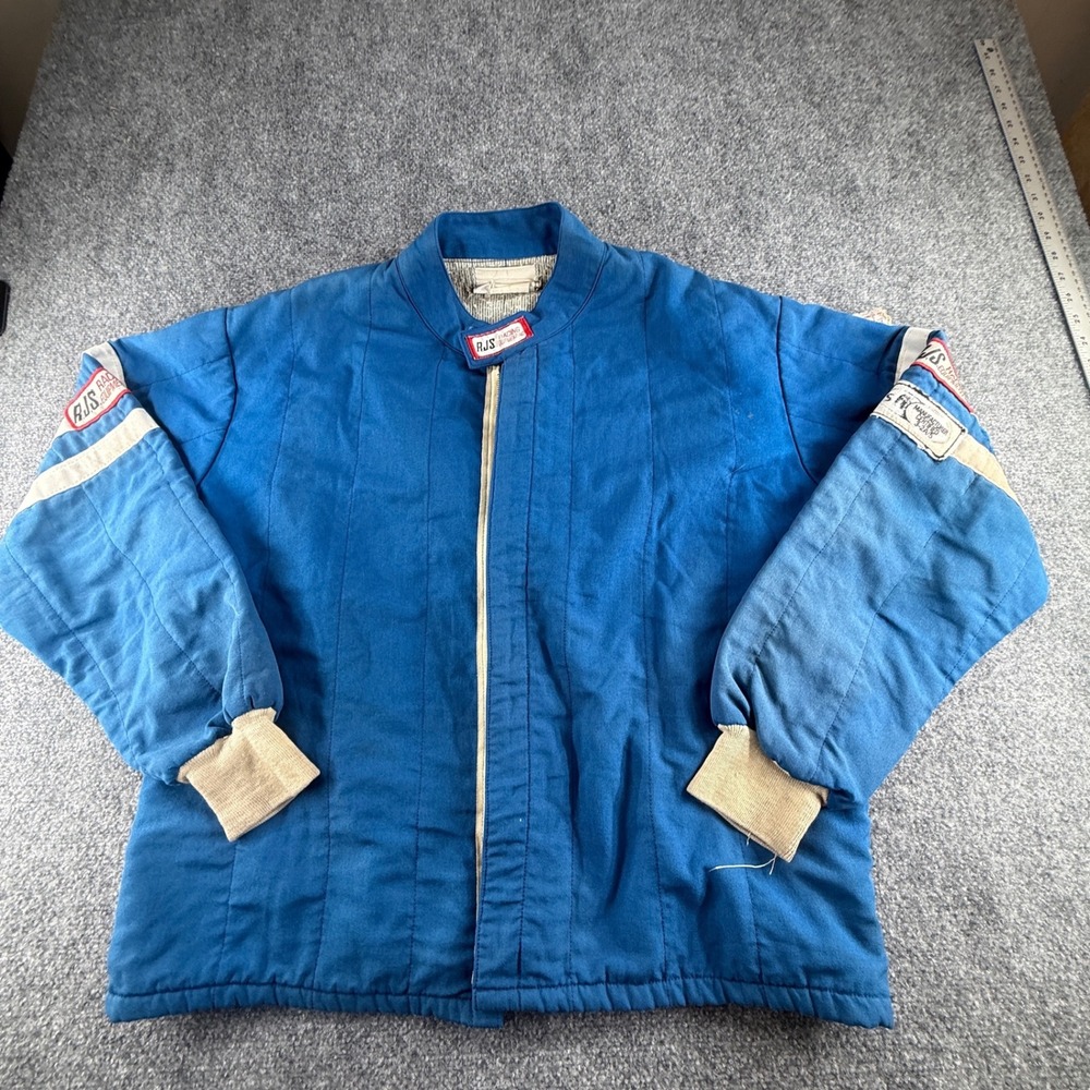 Vintage RJS Racing Equipment Blue Fire Resistant Quilted Racing Jacket Mens XL